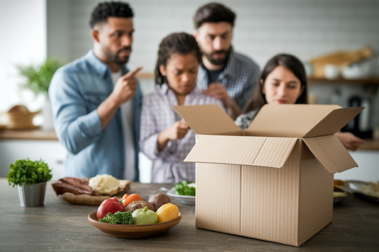 famille-cuisine-colis-deballe-mecontent