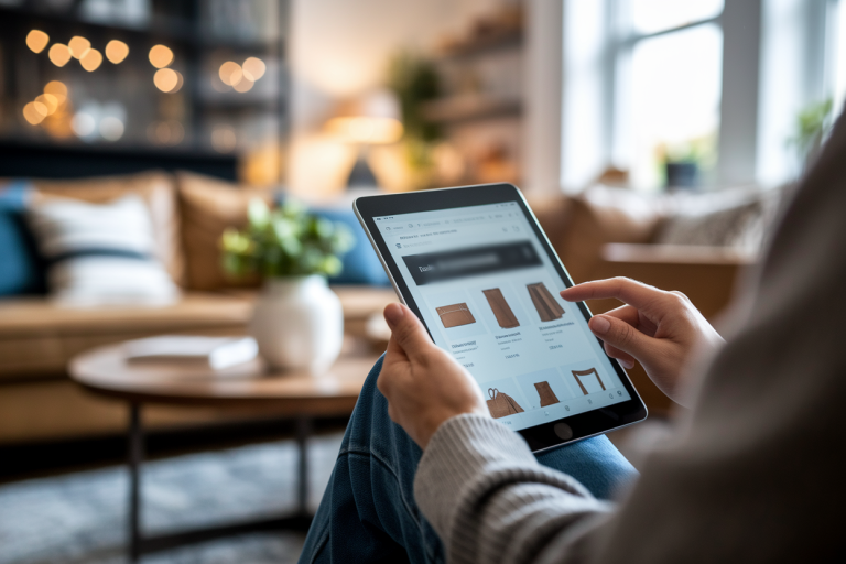 personne-assise-salon-tablette-ecran-flou