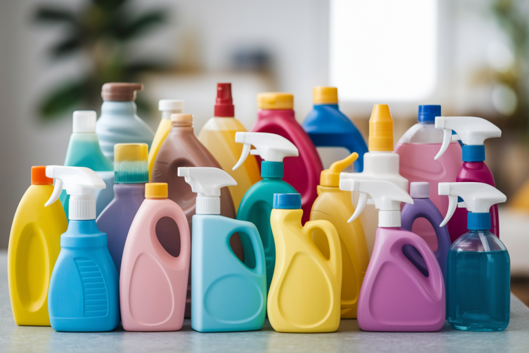 produits-menagers-colores-bouteilles-etiquettes-floutees